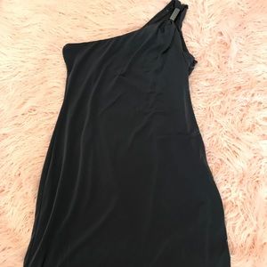 Calvin Klein one shoulder charcoal gray dress.
